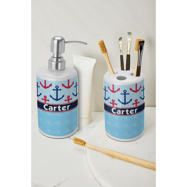 Anchors & Waves Ceramic Bathroom Accessories - LIFESTYLE (toothbrush holder & soap dispenser)