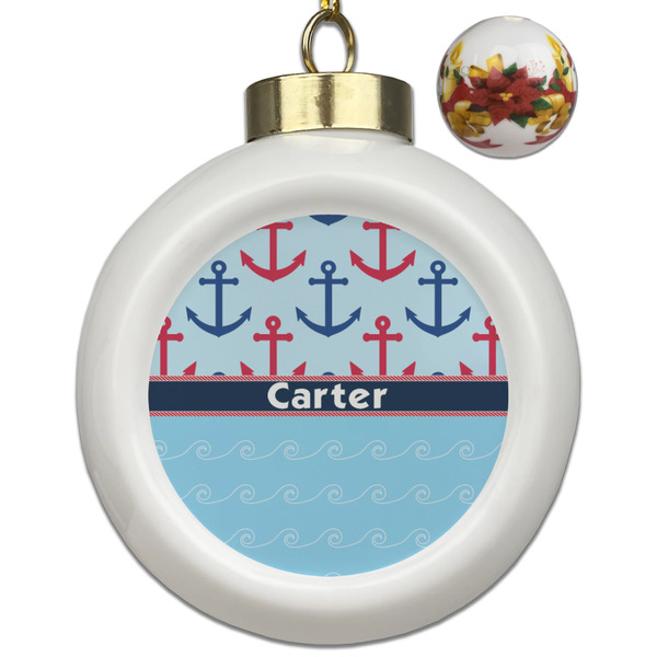 Custom Anchors & Waves Ceramic Ball Ornaments - Poinsettia Garland (Personalized)