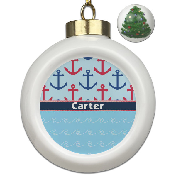 Custom Anchors & Waves Ceramic Ball Ornament - Christmas Tree (Personalized)