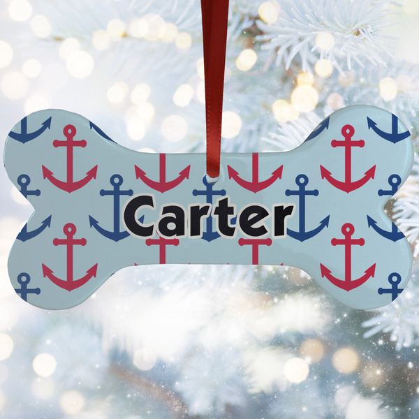 Custom Anchors & Waves Ceramic Dog Ornament w/ Name or Text