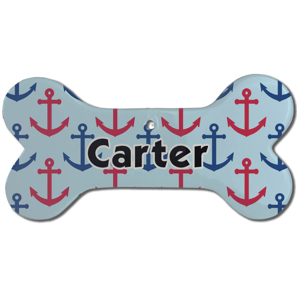 Anchors & Waves Ceramic Flat Ornament - Bone Front