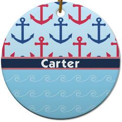 Anchors & Waves Round Ceramic Ornament w/ Name or Text