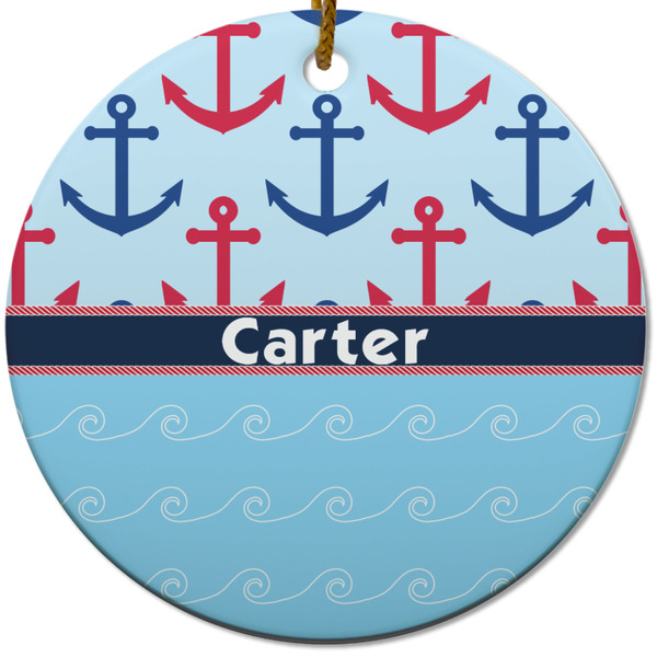 Custom Anchors & Waves Round Ceramic Ornament w/ Name or Text