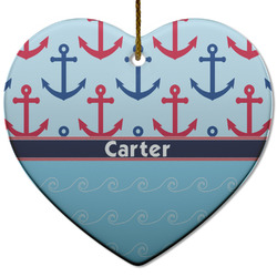 Anchors & Waves Heart Ceramic Ornament w/ Name or Text
