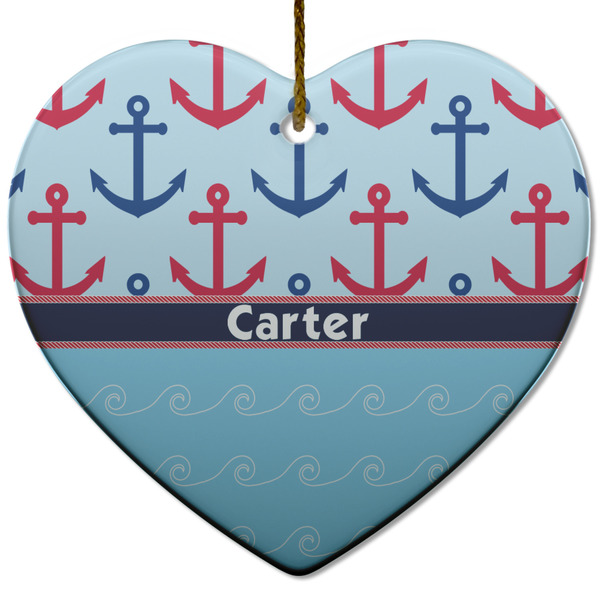 Custom Anchors & Waves Heart Ceramic Ornament w/ Name or Text