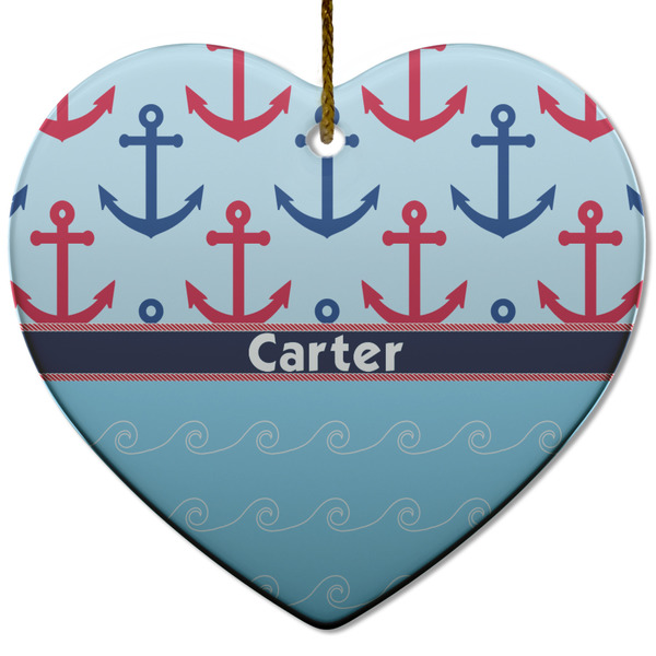 Anchors & Waves Ceramic Flat Ornament - Heart (Front)