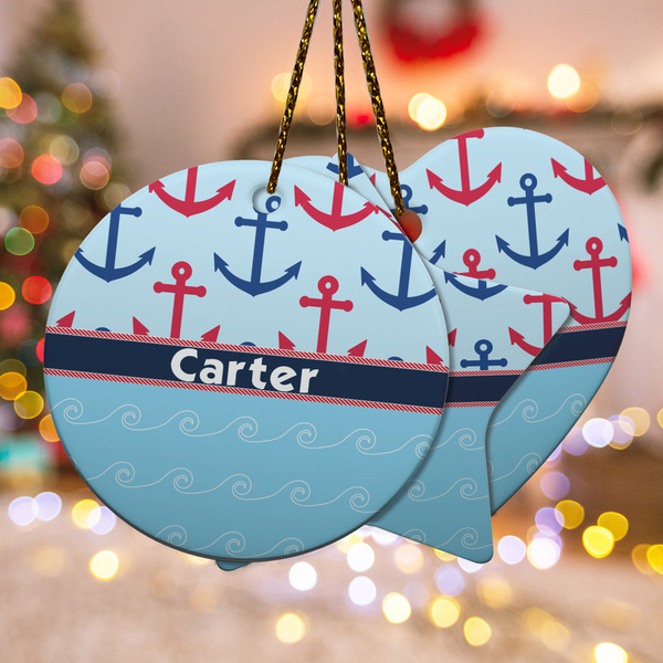 Custom Anchors & Waves Ceramic Ornament w/ Name or Text