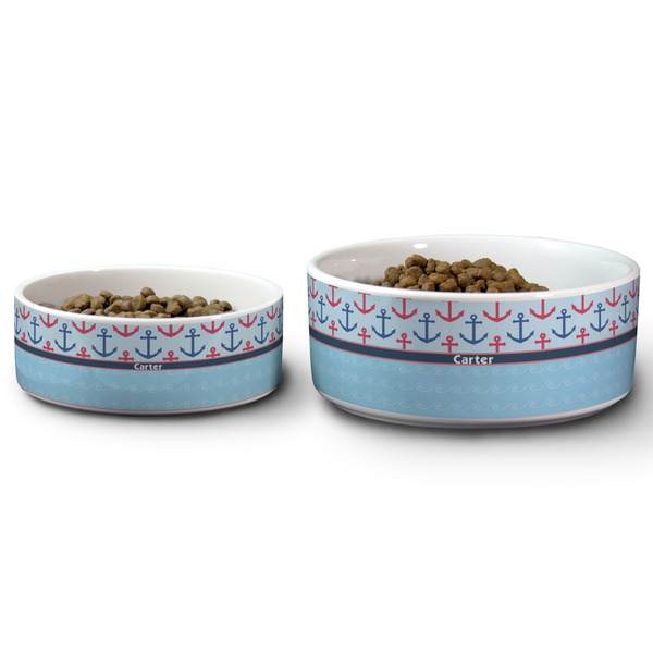 Anchors & Waves Ceramic Dog Bowls - Size Comparison