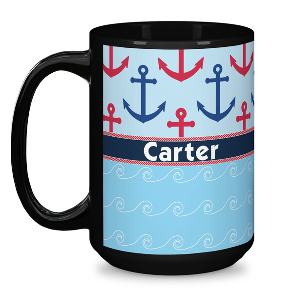 Anchors & Waves Coffee Mug - 15 oz - Black