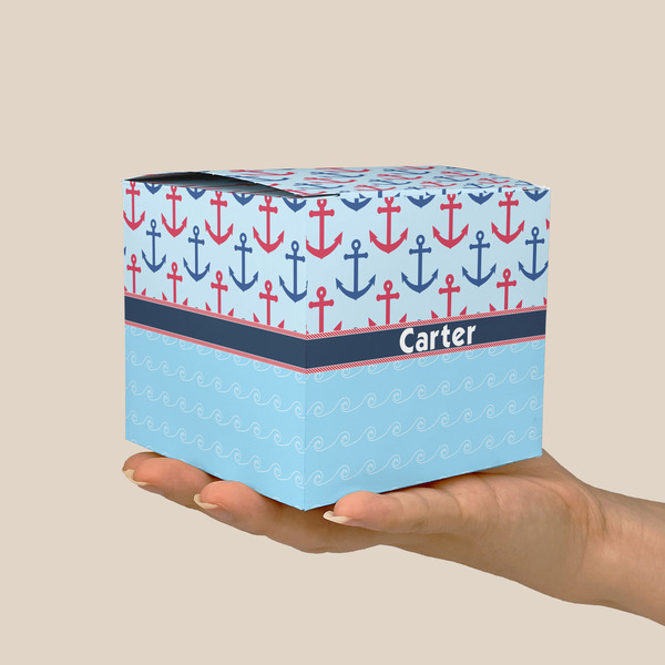 Anchors & Waves Cube Favor Gift Box - On Hand - Scale View