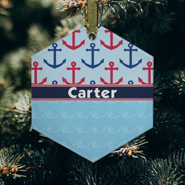 Anchors & Waves Frosted Glass Ornament - Hexagon (Lifestyle)