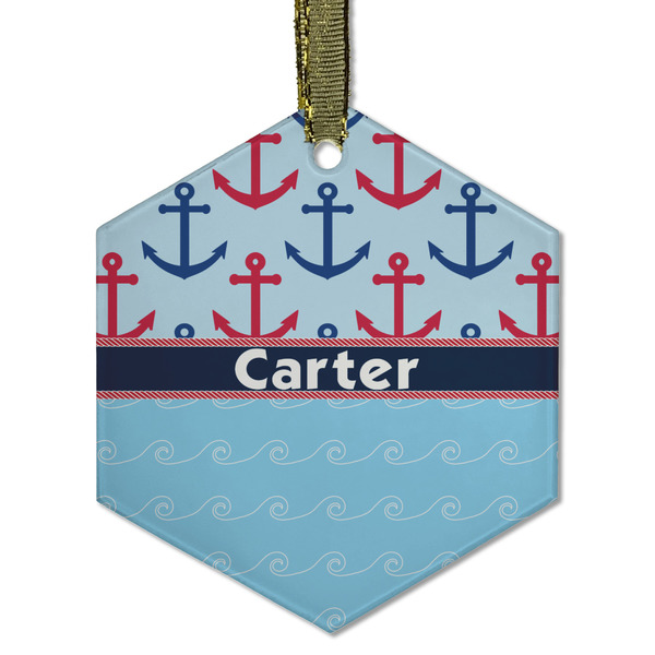 Custom Anchors & Waves Flat Glass Ornament - Hexagon w/ Name or Text