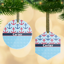 Anchors & Waves Flat Glass Ornament w/ Name or Text