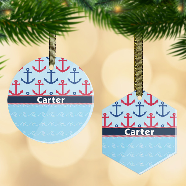 Custom Anchors & Waves Flat Glass Ornament w/ Name or Text