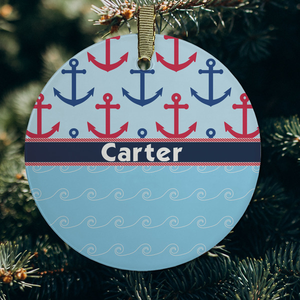 Anchors & Waves Frosted Glass Ornament - Round (Lifestyle)