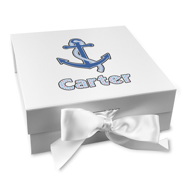 Custom Anchors & Waves Gift Box with Magnetic Lid - White (Personalized)