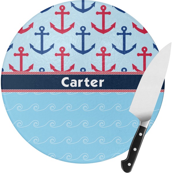Custom Anchors & Waves Round Glass Cutting Board (Personalized)