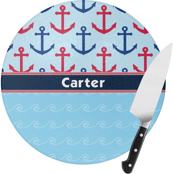 Custom Anchors & Waves Round Glass Cutting Board - Medium (Personalized)