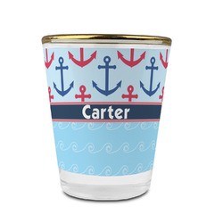 Anchors & Waves Glass Shot Glass - 1.5 oz - with Gold Rim - Set of 4 (Personalized)