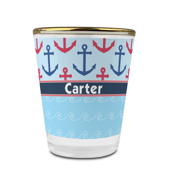 Anchors & Waves Glass Shot Glass - With gold rim - FRONT