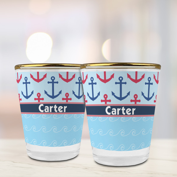 Anchors & Waves Glass Shot Glass - with gold rim - LIFESTYLE