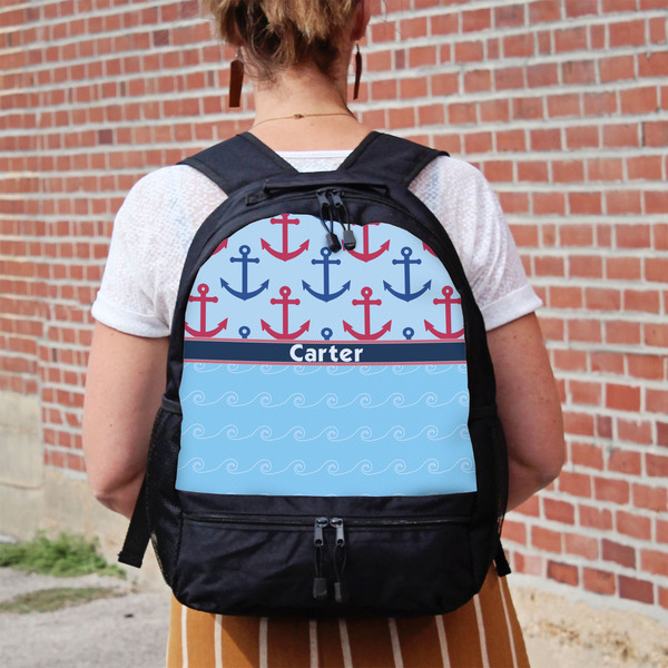 Anchors & Waves Large Backpack - Black - On Back