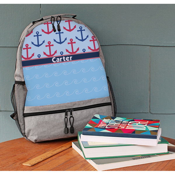 Anchors & Waves Large Backpack - Gray - On Desk