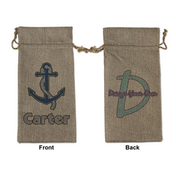 Anchors & Waves Large Burlap Gift Bag - Front & Back (Personalized)