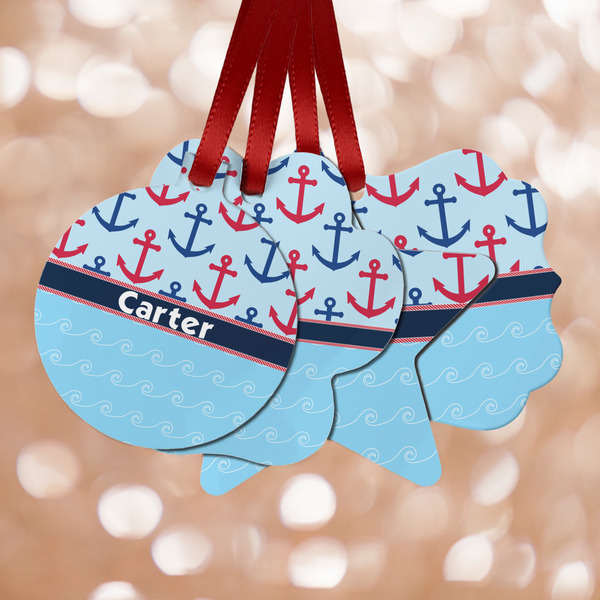 Custom Anchors & Waves Metal Ornaments - Double Sided w/ Name or Text