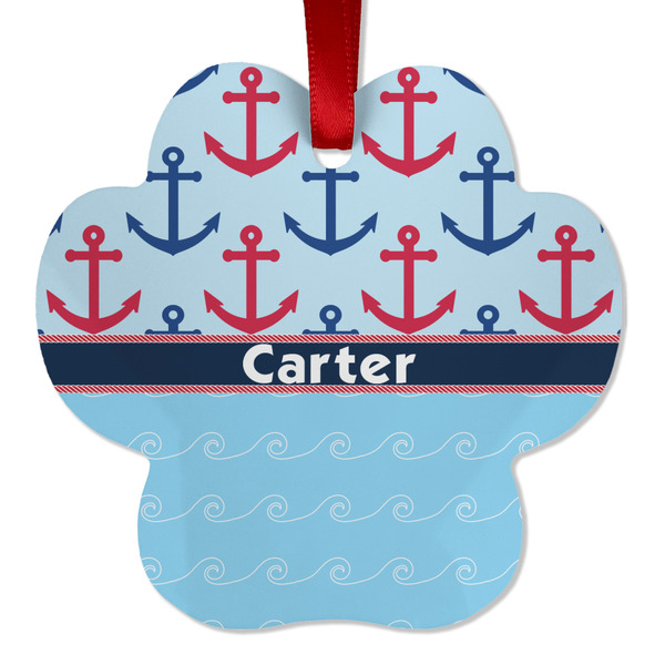 Custom Anchors & Waves Metal Paw Ornament - Double Sided w/ Name or Text