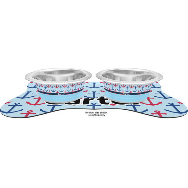 Anchors & Waves Metal Pet Bowls - On Dog Bone Shaped Mat