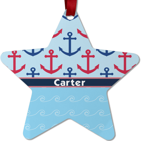 Custom Anchors & Waves Metal Star Ornament - Double Sided w/ Name or Text