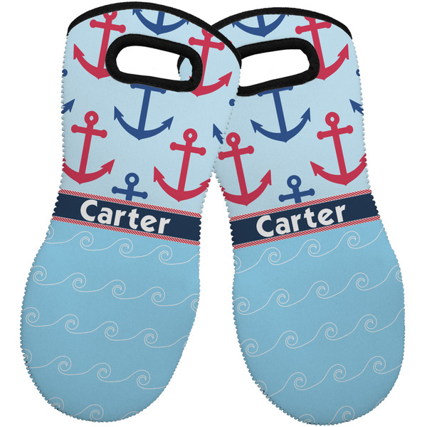 Custom Anchors & Waves Neoprene Oven Mitts - Set of 2 w/ Name or Text