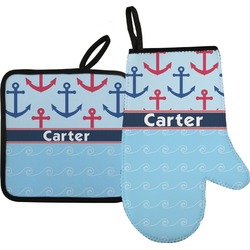 Anchors & Waves Right Oven Mitt & Pot Holder Set w/ Name or Text