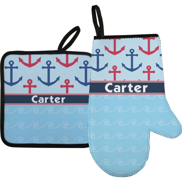 Custom Anchors & Waves Right Oven Mitt & Pot Holder Set w/ Name or Text