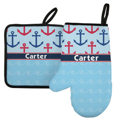 Anchors & Waves Left Oven Mitt & Pot Holder Set w/ Name or Text