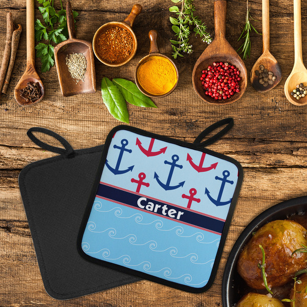 Anchors & Waves Neoprene Pot Holder - Set of 2  LIFESTYLE (Flatlay)