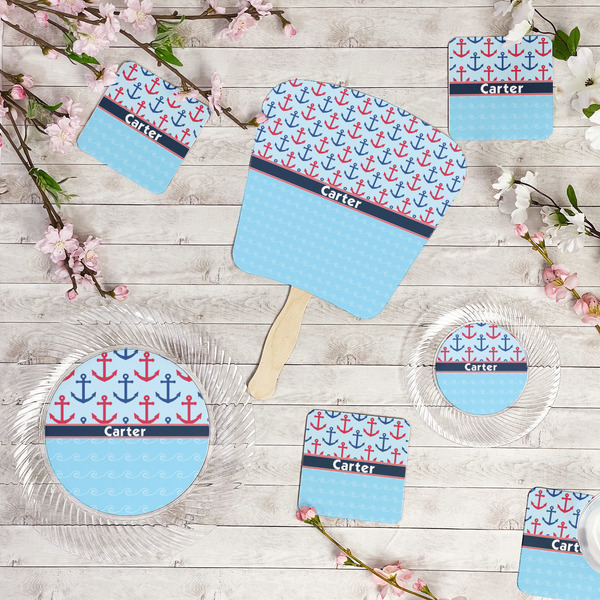 Anchors & Waves Party Supplies Combination Image - All items - Plates, Coasters, Fans