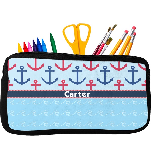 Custom Anchors & Waves Neoprene Pencil Case - Small w/ Name or Text