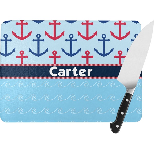 Custom Anchors & Waves Rectangular Glass Cutting Board - Large - 15.25"x11.25" w/ Name or Text