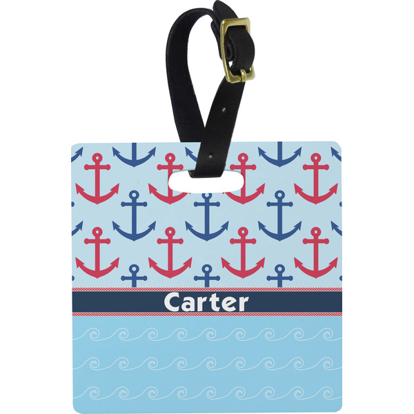 Custom Anchors & Waves Plastic Luggage Tag - Square w/ Name or Text