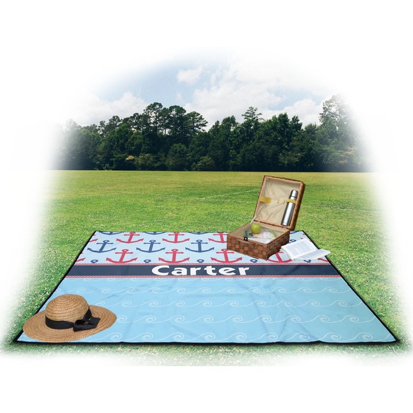 Anchors & Waves Picnic Blanket - with Basket Hat and Book - in Use