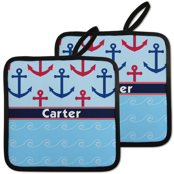 Custom Anchors & Waves Pot Holders - Set of 2 w/ Name or Text