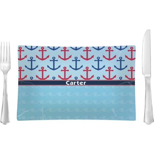 Custom Anchors & Waves Rectangular Glass Lunch / Dinner Plate - Single or Set (Personalized)