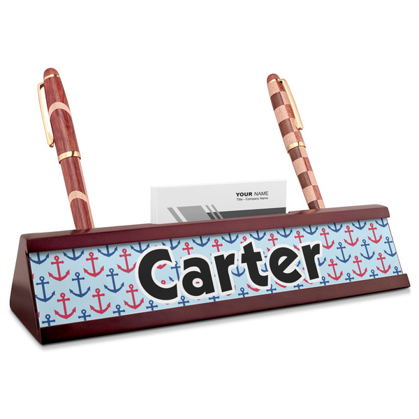 Custom Anchors & Waves Red Mahogany Nameplate with Business Card Holder (Personalized)