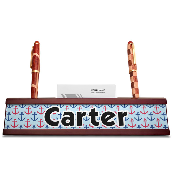 Anchors & Waves Red Mahogany Nameplates with Business Card Holder - Straight