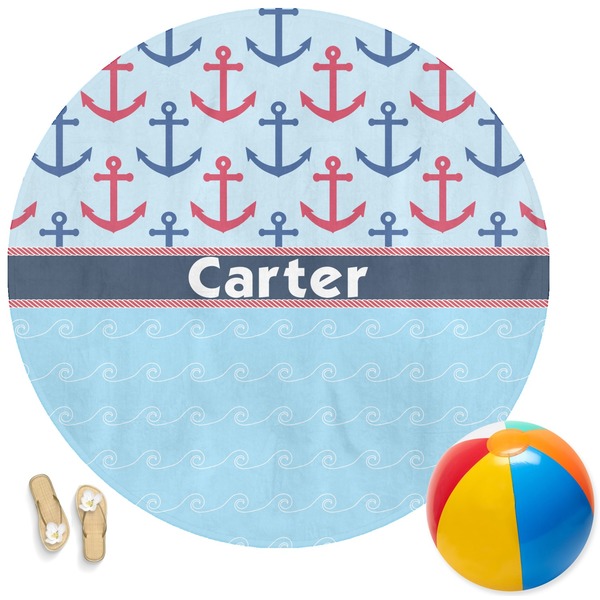 Custom Anchors & Waves Round Beach Towel (Personalized)