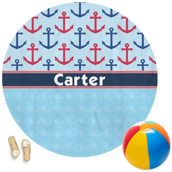 Custom Anchors & Waves Round Beach Towel (Personalized)