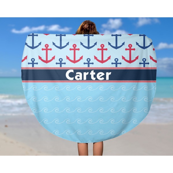Anchors & Waves Round Beach Towel - In Use