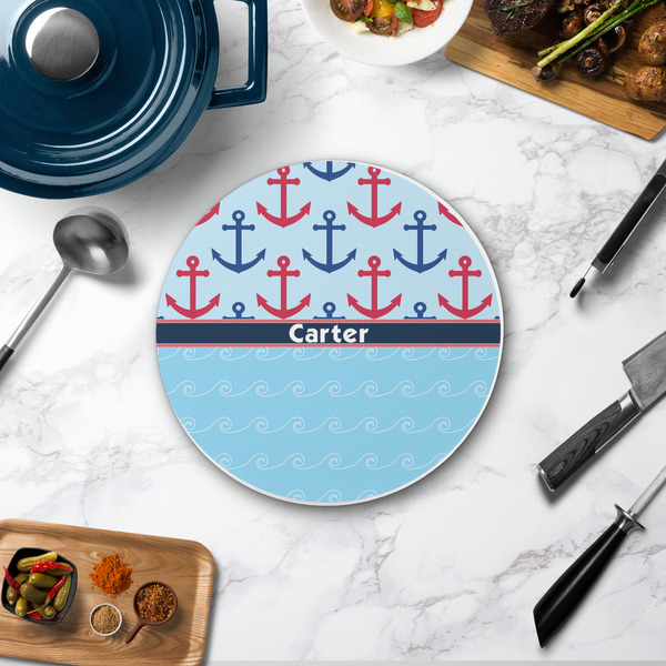 Anchors & Waves Round Stone Trivet - In Context View